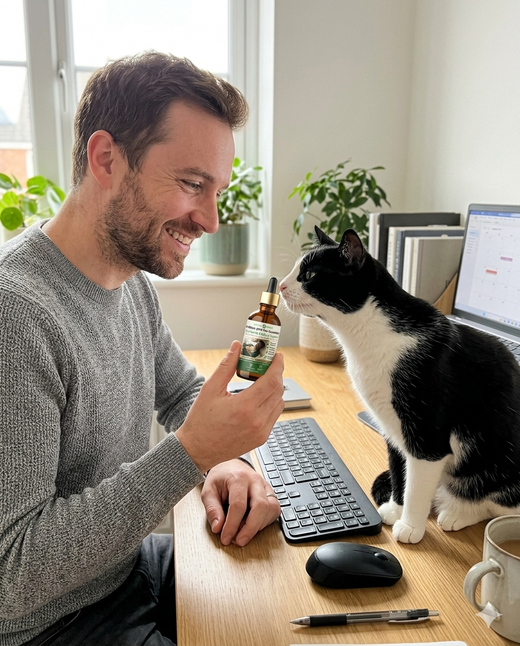 Man with cat at desk